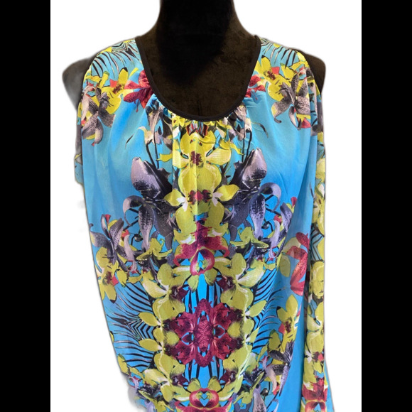 A.N.A. Blouse Plus Size 1X Sleeveless Top Turquois Yellow Pink Rounded Neckline - Picture 2 of 7